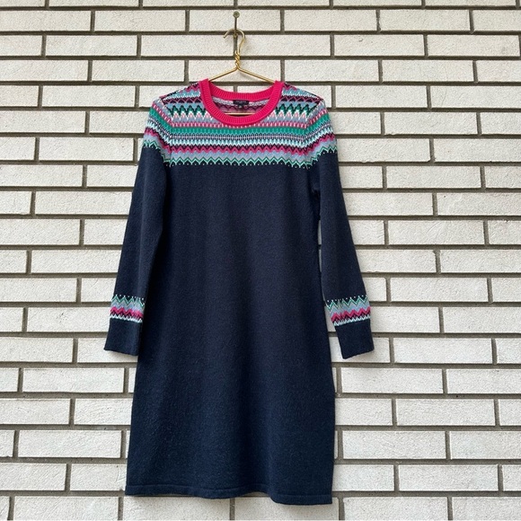 Talbots Petite Fair Isle Sweater Dress Navy Pink Green Knit Holiday Apres Ski MP - Picture 2 of 8